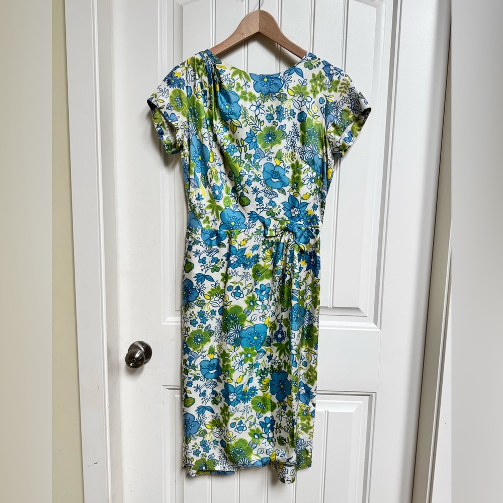 VTG Samuel Cooper Blue and Green Floral Short Sleeve Dress with Bow. S/M FLAW